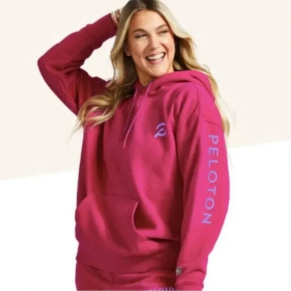 PELOTON Chic Graphic Spellout Athletic Hoodie Faded Washed Pink Kangaroo Pocket - Picture 14 of 16